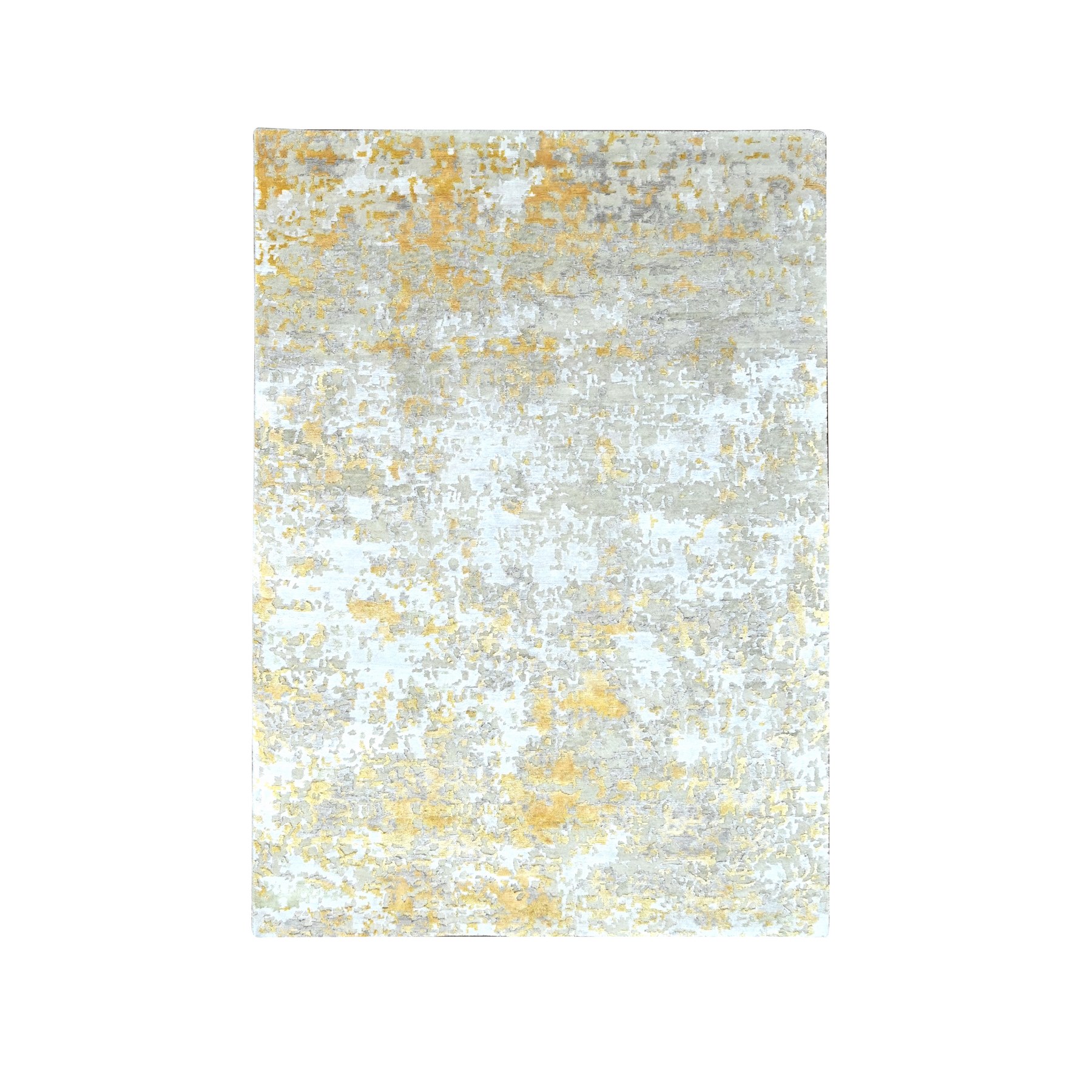 Beige with Gold, Hand Knotted, Abstract Design, Wool and Silk, Hi-Low Pile, Oriental Rug